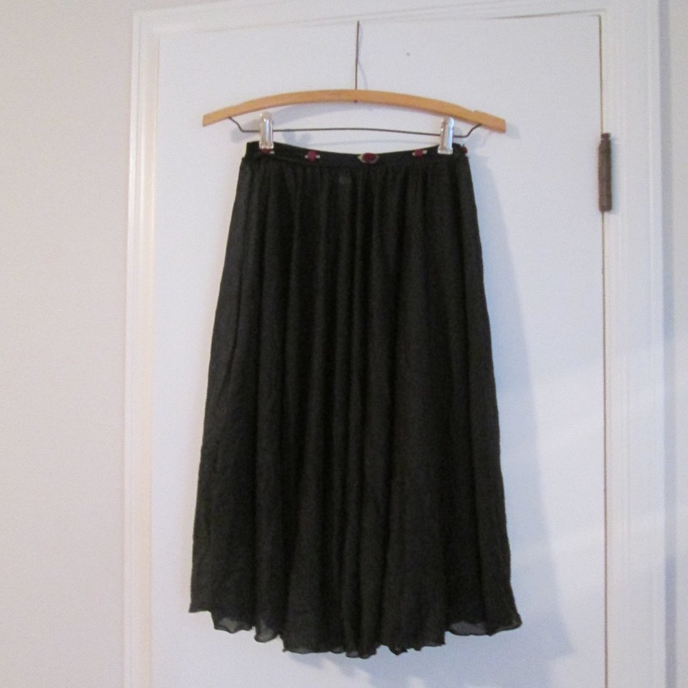 performa dancewear semi sheer Full long black dance skirt with floral trim sz PS